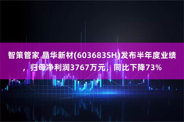 智策管家 晶华新材(603683SH)发布半年度业绩，归母净利润3767万元，同比下降73%
